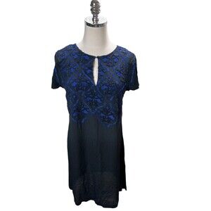 Lucky Brand Dress Women's Size XS Black Blue Floral Short Sleeve Midi